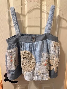 POL Light Blue Patchwork Crochet Top